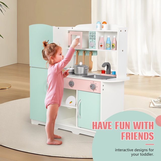 FAGINEY Wooden Kitchen Toy Playset with Stove, Oven, Sink, Fridge for Toddlers, Preschoolers, Children Age 3+ Years 27.95"x9.84"x28.15''