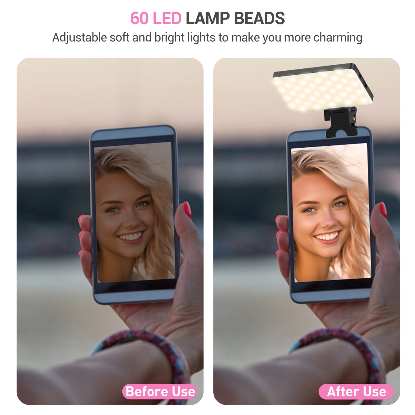 Selfie Light, 80 Led Rechargeable Selfie Light For Phone Clip On,3*10 Brightness Levels Portable Phone Ring Light For Iphone And Computer Camera Photography Meetings,Three Modes,Adjustable Brightness