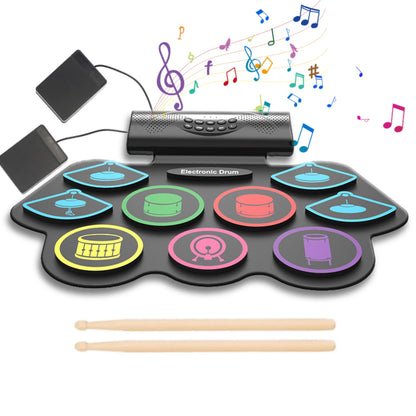 9 Pads Roll-Up Electronic Drum Set 19"×13" Drum Portable Drum Pad Kit with MIDI Education Function, Built-in Speaker, Supports Headphone/Wireless, Birthday Gift for Kids