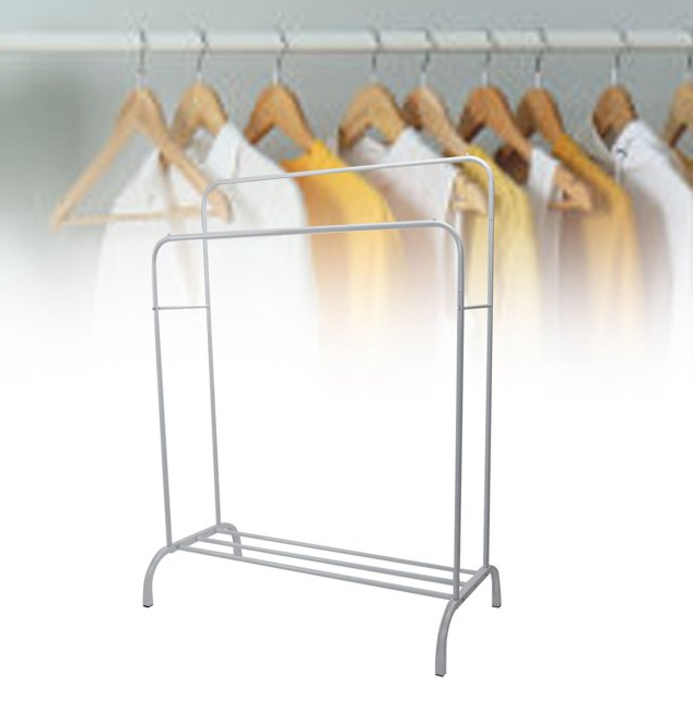 Double Rod Clothing Racks for Hanging Clothes,Clothes Rack Heavy Duty with Lower Storage Shelf for Boxes Shoes Boots,Height 59 in White