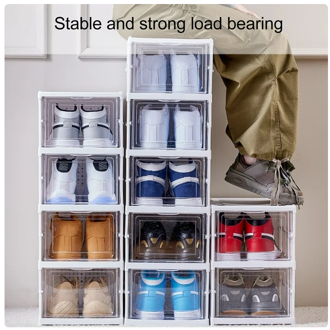 Fyydes 6 Tier Drop Front Shoe Storage Boxes, No Assembly Stackable Shoe Organizer Bins with Door, Flooring Standing Shoe Shelf Cabinet with Lids for Closet Entryway