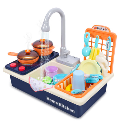 Kids Kitchen Playset with Stove, Pots, Pans, Pretend Food, Sounds, Lights, 27pcs Accessories Kitchen Sink Toy Fun Learning Dishwasher Toy for Toddlers & Children, Blue