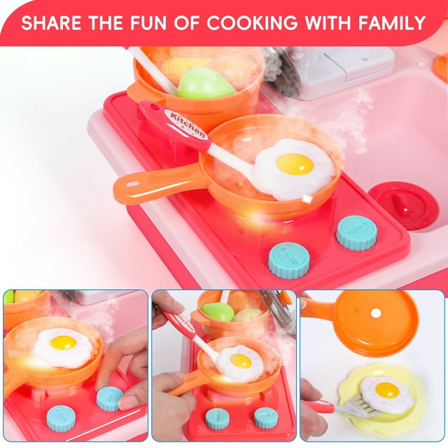 Kids Kitchen Playset with Stove, Pots, Pans, Pretend Food, Sounds, Lights, 27pcs Accessories Kitchen Sink Toy Fun Learning Dishwasher Toy for Toddlers & Children, Pink