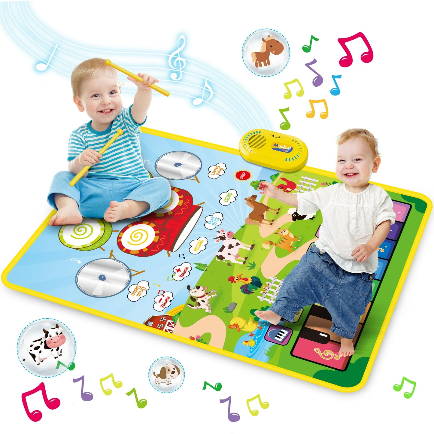 Baby Music Play Mat 35.4" x 27.5" with 8 Instrument Sounds, Piano Drum & 2 Sticks, Record Play Back - Educational Learning Toy for 1 2 3 Years Old - Toddlers Birthday Gift