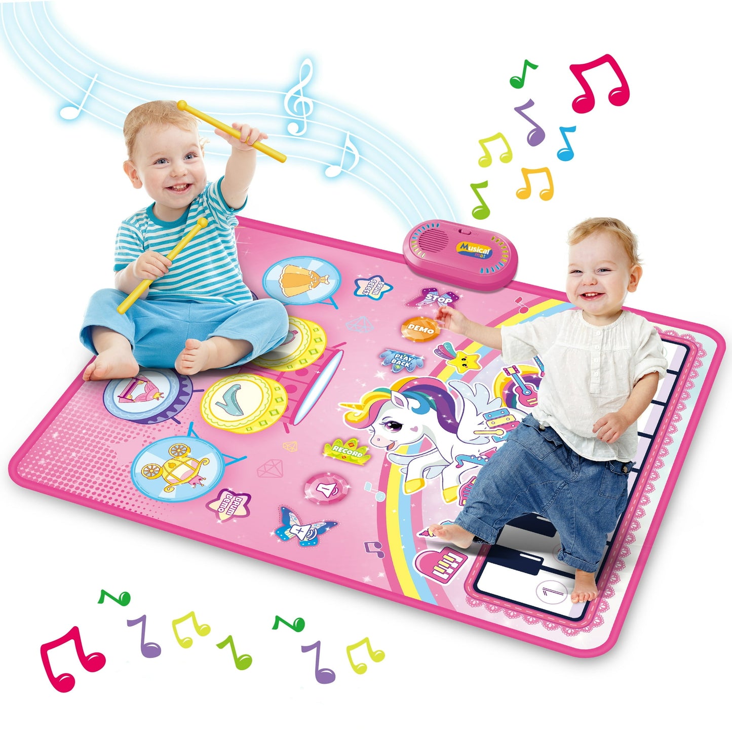 Baby Music Play Mat 35.4" x 27.5" with 8 Instrument Sounds, Piano Drum & 2 Sticks, Record Play Back - Educational Learning Toy for 1 2 3 Years Old - Toddlers Birthday Gift