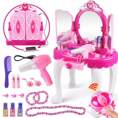 Brrnoo Girls Pretend Play Makeup Toy Set Dressing Table Girl's Vanity Beauty Dress Up Table w/ Jewelry Music Wand Kids Makeup Cosmetics Playset