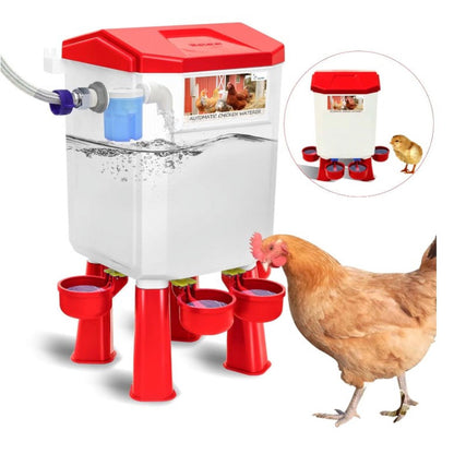 Crtynell Automatic chicken waterer with float control for continuous water supply, Freestanding poultry waterer with adjustable legs, connects to extension hose, suitable for chickens, ducks, turkeys