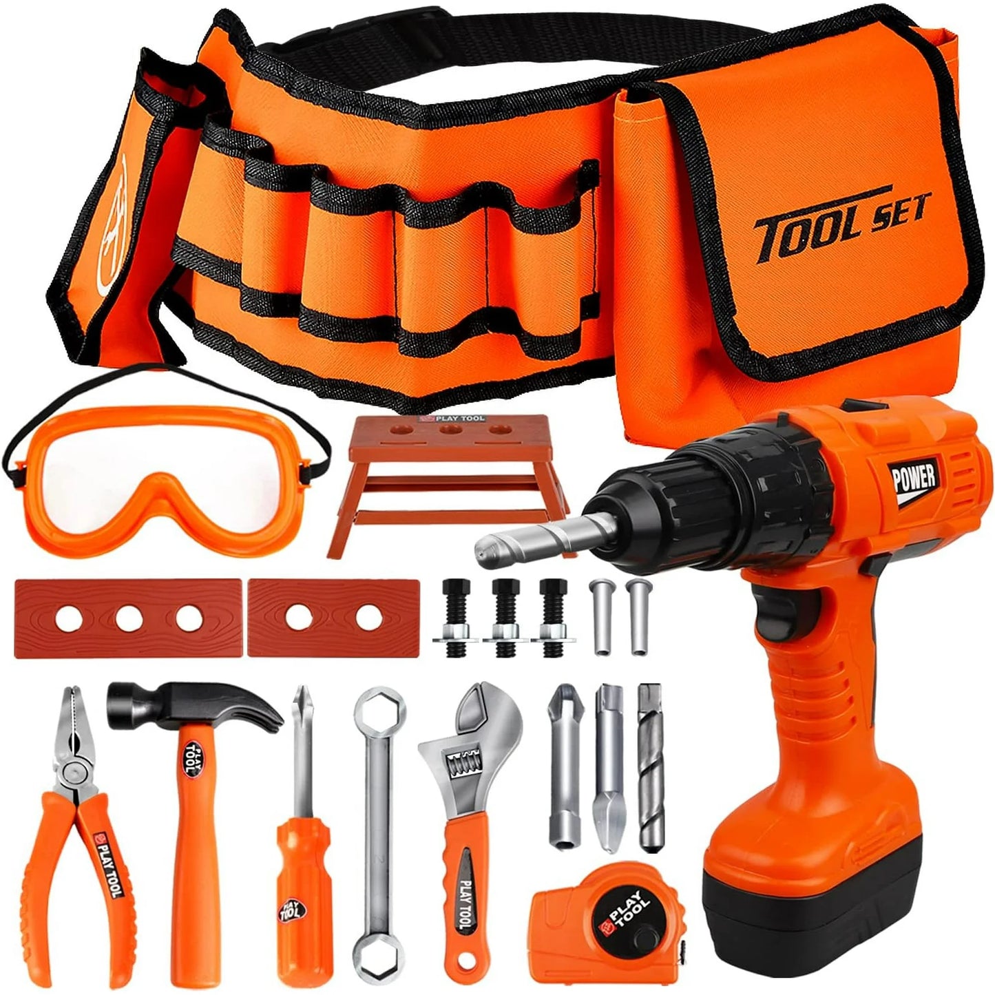 Crtynell Kids Tool Set with Kids Tool Belt & Electronic Toy Drill, Toddler Tool Set for Boys,Construction Tool Set for Kids Pretend Play Tools for Kids Learning Tool Kit for Kids 3 4 5 6 7 Years Old