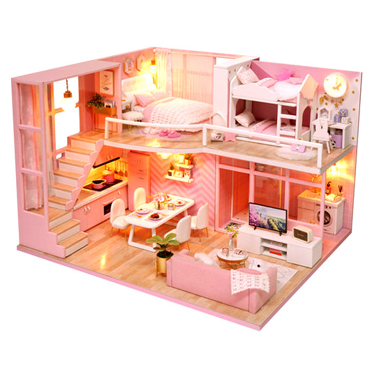 Dollhouse Miniature DIY House Kit Wooden Loft Doll House Apartment Pink Dollhouse Kit for Adults Teens Girls