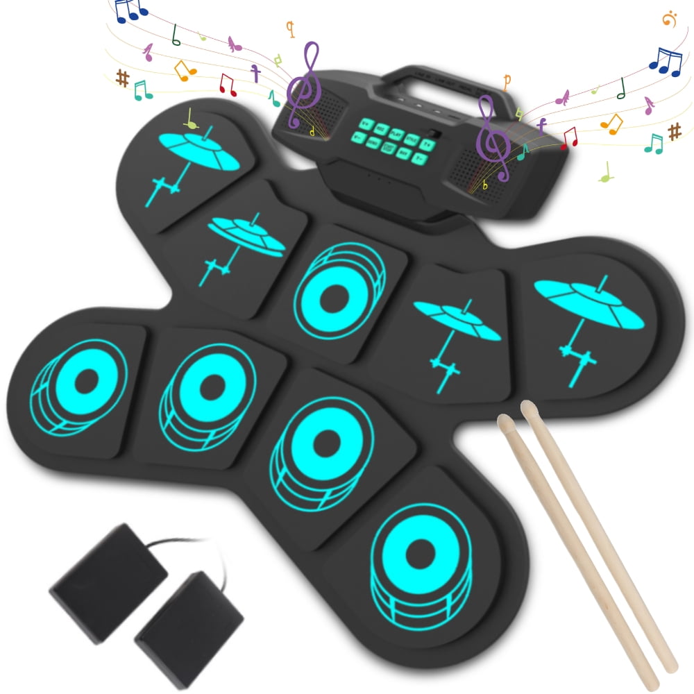 Electronic Drum Set Kids Portable Drum Set with 2 Built-in Stereo Speakers, Foot Pedals, Sticks, 10 Demo 10 Tunes Support DTX Gaming