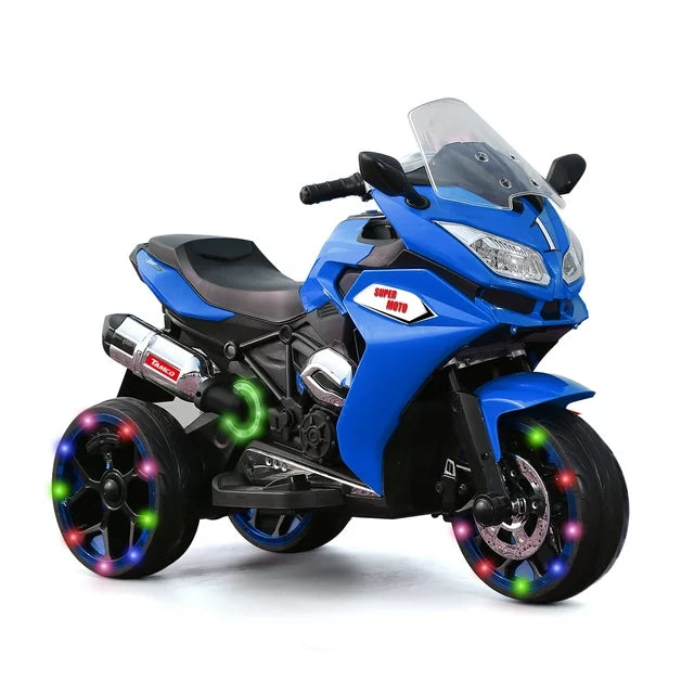 Kids Electric Ride on Motorcycle 12V Battery Powered Motorcycle Toy with Light up 3 Wheels, Pedal for Children Boys & Girls (Blue)