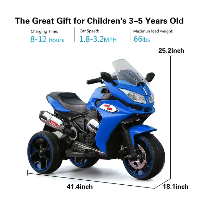 Kids Electric Ride on Motorcycle 12V Battery Powered Motorcycle Toy with Light up 3 Wheels, Pedal for Children Boys & Girls (Blue)