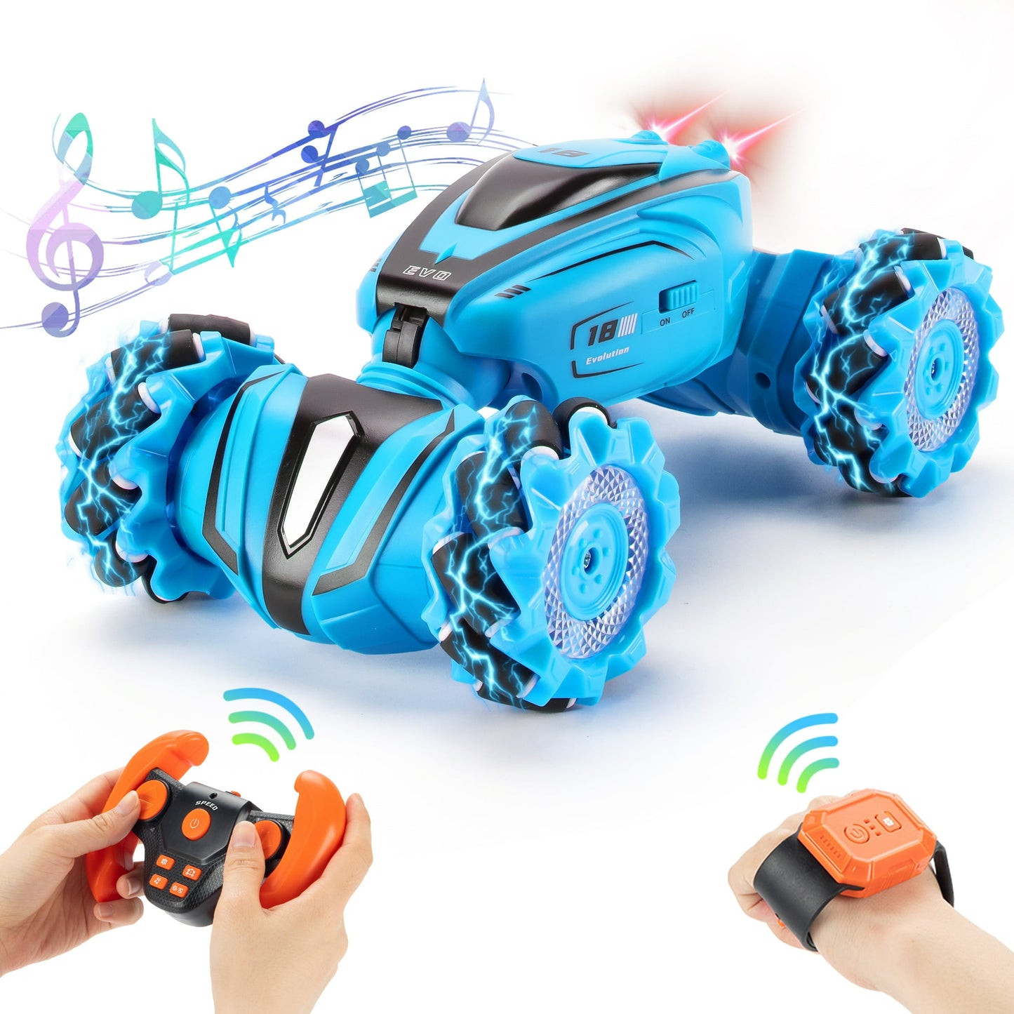 FAGINEY Gesture RC Cars 1: 18 Drift Hand Control RC Stunt Car, 60 Min Running Time, 2 Batteries, 4WD Remote Control Twist Cars with Music Lights for 6-12 Years Old, Blue