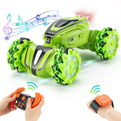 FAGINEY Gesture RC Cars 1: 18 Drift Hand Control RC Stunt Car, 60 Min Running Time, 2 Batteries, 4WD Remote Control Twist Cars with Music Lights for 6-12 Years Old, Green