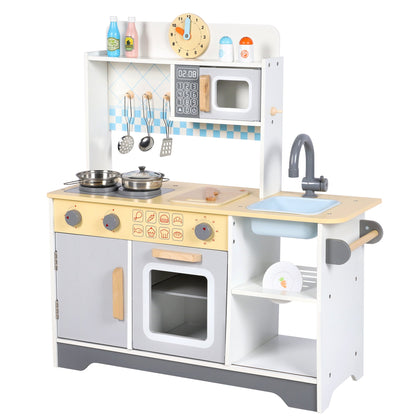 FAGINEY Wooden Play Kitchen Toy Pretend Set for Kids Toddlers with Oven, Sink, Kitchenware, Microwave, Kitchen Playset Gift for Girls Boys, Age 3+