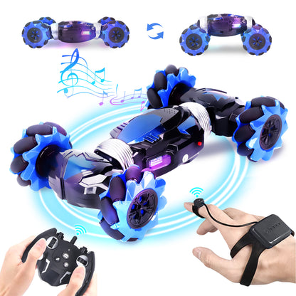 FAGINEY RC Stunt Car with Lights Music Rotating Strong Power RC Crawler for Gift Blue