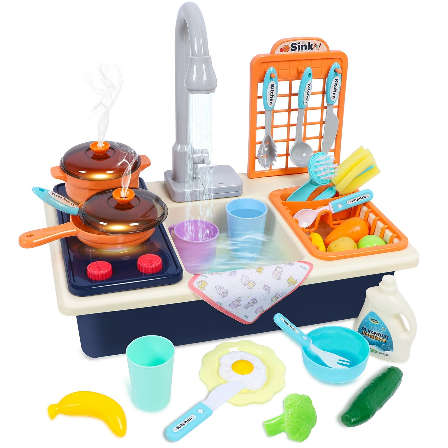 Kids Kitchen Playset with Stove, Pots, Pans, Pretend Food, Sounds, Lights, 27pcs Accessories Kitchen Sink Toy Fun Learning Dishwasher Toy for Toddlers & Children, Blue