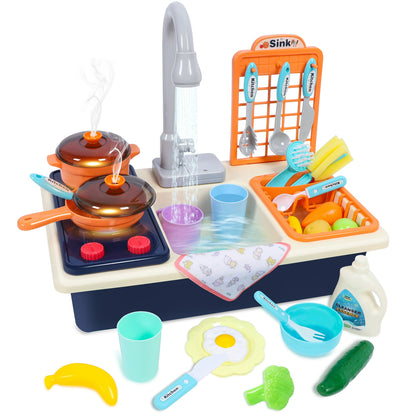 Kids Kitchen Playset with Stove, Pots, Pans, Pretend Food, Sounds, Lights, 27pcs Accessories Kitchen Sink Toy Fun Learning Dishwasher Toy for Toddlers & Children, Blue