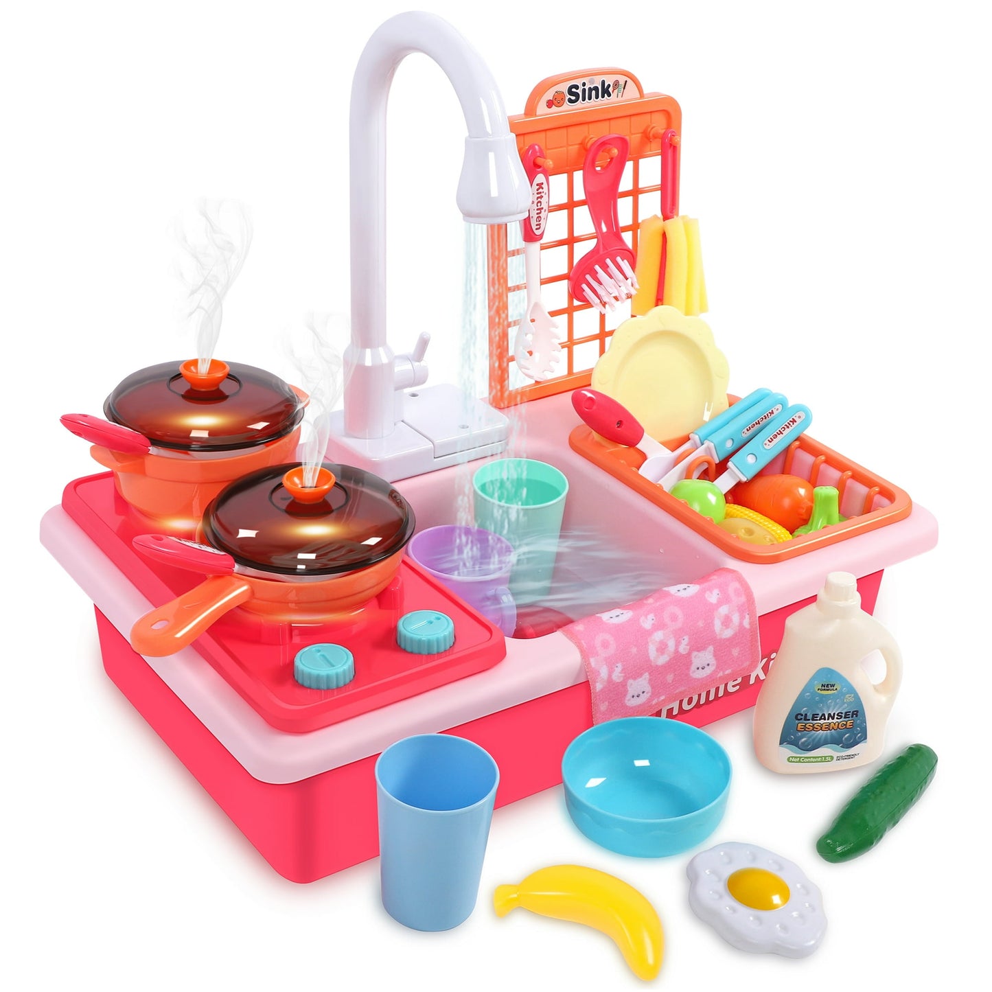 Kids Kitchen Playset with Stove, Pots, Pans, Pretend Food, Sounds, Lights, 27pcs Accessories Kitchen Sink Toy Fun Learning Dishwasher Toy for Toddlers & Children, Pink