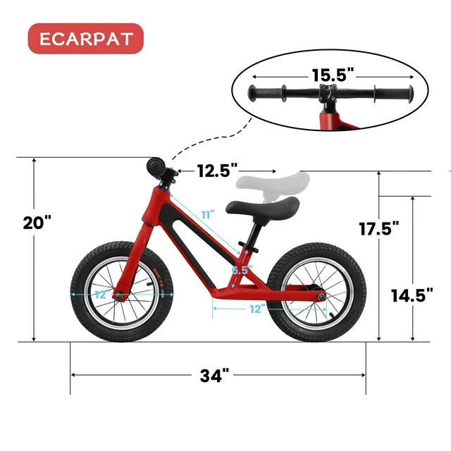 Toddler Balance Bike 12" Adjustable Seat 2 Wheels No Pedals Kids Baby Balance Bicycle for 1.5+ Years Old Boys Girls, Red