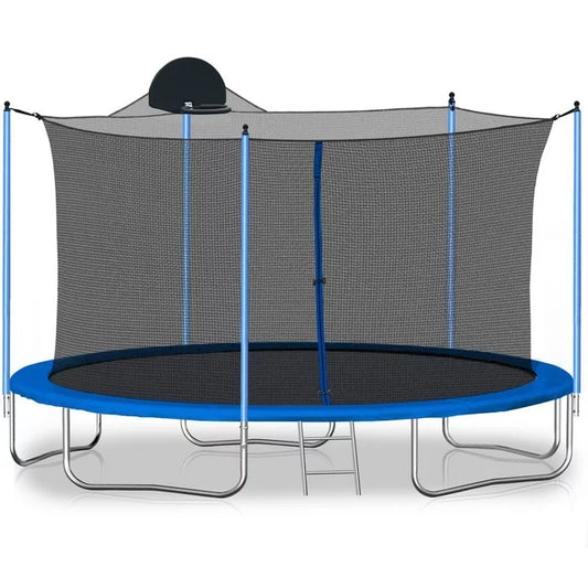 12FT Trampoline for 5-6 Kids, 1-2 Adults, Outdoor Heavy-Duty Round Backyard Trampolines with Safety Enclosure Net, Basketball Hoop, Ladder, 130LBS