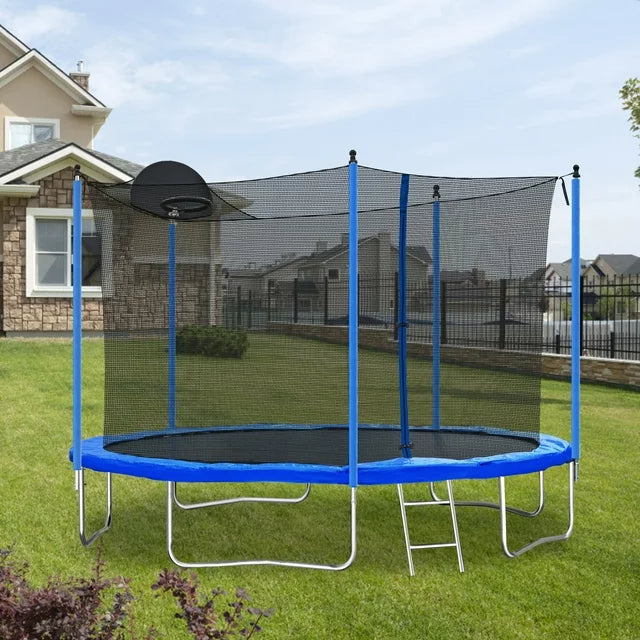 12FT Trampoline for 5-6 Kids, 1-2 Adults, Outdoor Heavy-Duty Round Backyard Trampolines with Safety Enclosure Net, Basketball Hoop, Ladder, 130LBS