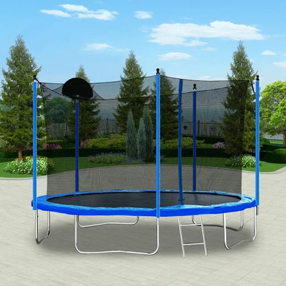 12FT Trampoline for 5-6 Kids, 1-2 Adults, Outdoor Heavy-Duty Round Backyard Trampolines with Safety Enclosure Net, Basketball Hoop, Ladder, 130LBS