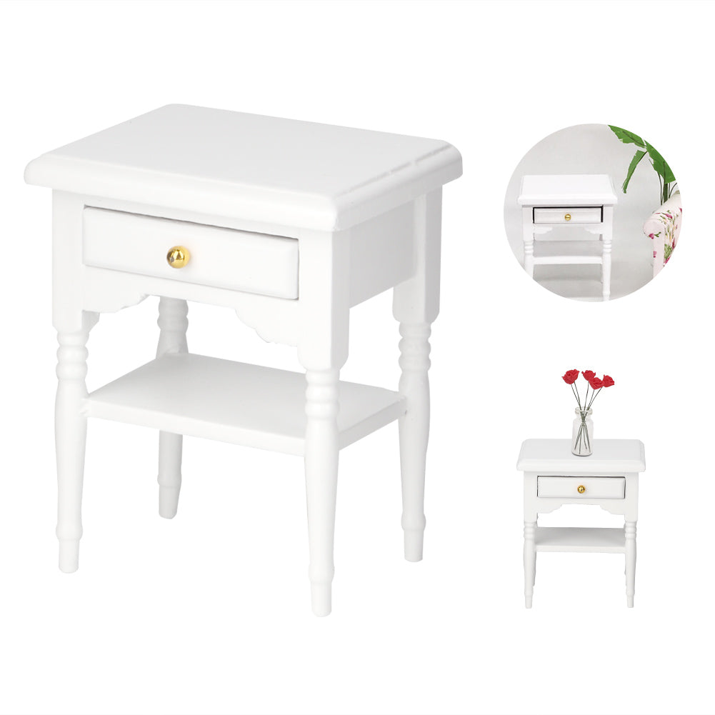 Bedside Table ,1:12 White Mini Bedroom Furnishing Articles Wooden Bedside Table Model,Toy