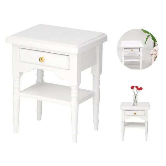 Bedside Table ,1:12 White Mini Bedroom Furnishing Articles Wooden Bedside Table Model,Toy