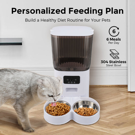 Smart Camera Automatic Cat Feeder for 2 Cats, 5L Food Dispenser with 2 Stainless Steel Bowl,Timed Programmable 1-6 Meals Control, Dual Power Supply,10s Meal Call, APP Control