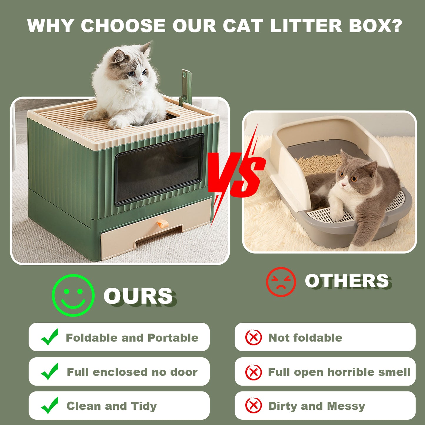 Enclosed Cat Litter Box Large with Lid Cover&Litter Scoop Foldable Cat Toilet Cat Self-Grooming Side Panel w/ Easy Cleaning Tray