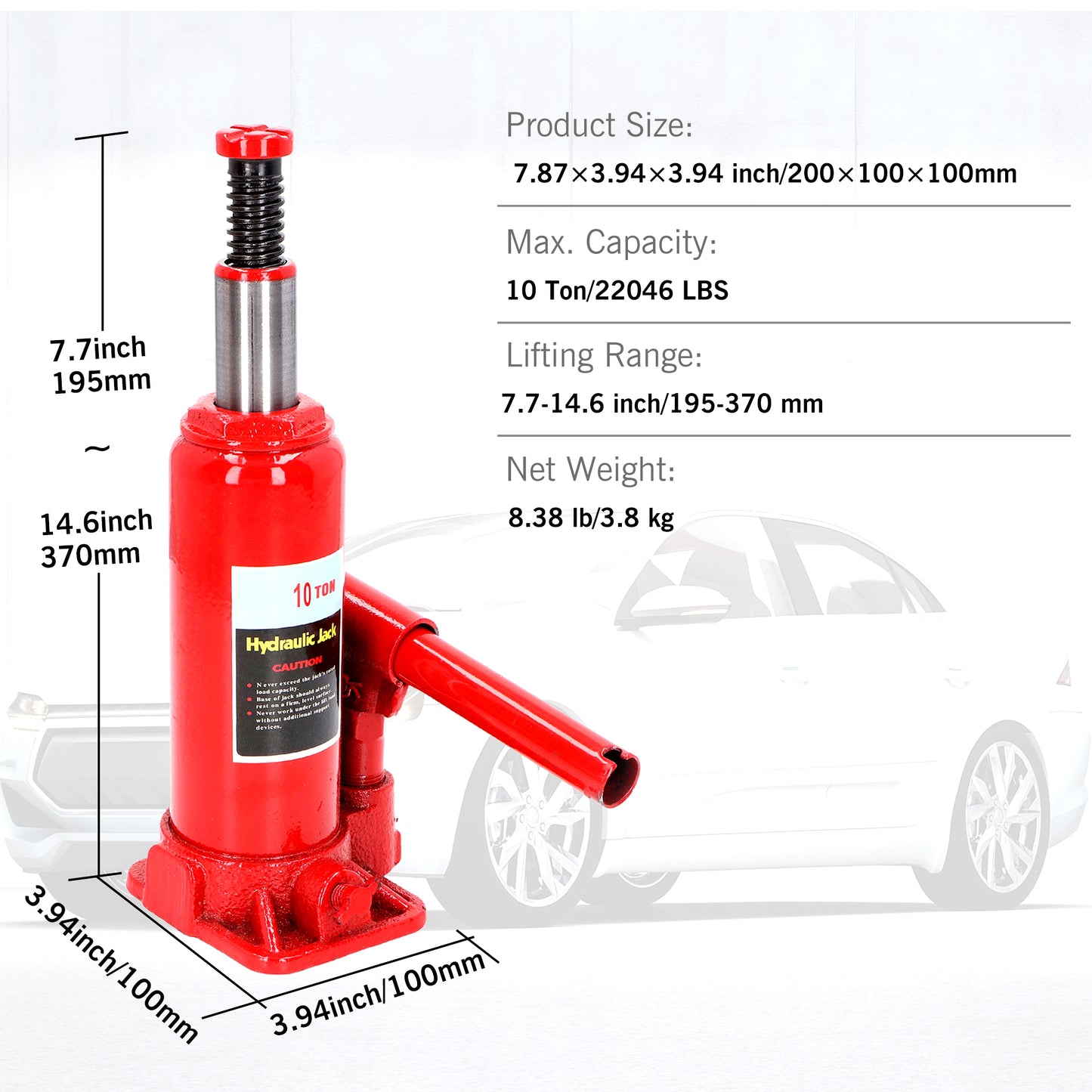 10T Hydraulic Bottle Jack Hand Operated Low Position Bottle Jack for Car Van SUV Small Trucks