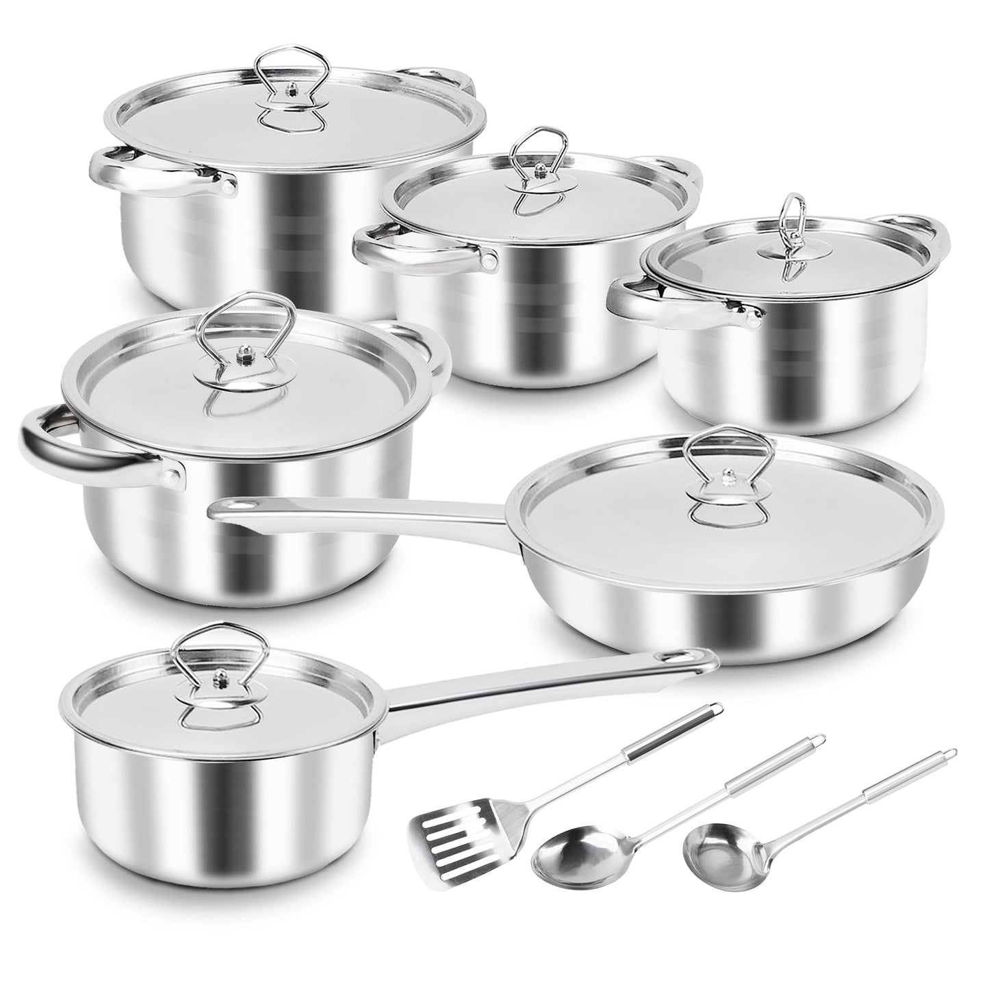 Kitchen Cookware Set Stainless Steel Pots Pans Set with Soup Pot Saute Pan Lids