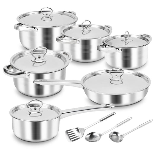 Kitchen Cookware Set Stainless Steel Pots Pans Set with Soup Pot Saute Pan Lids