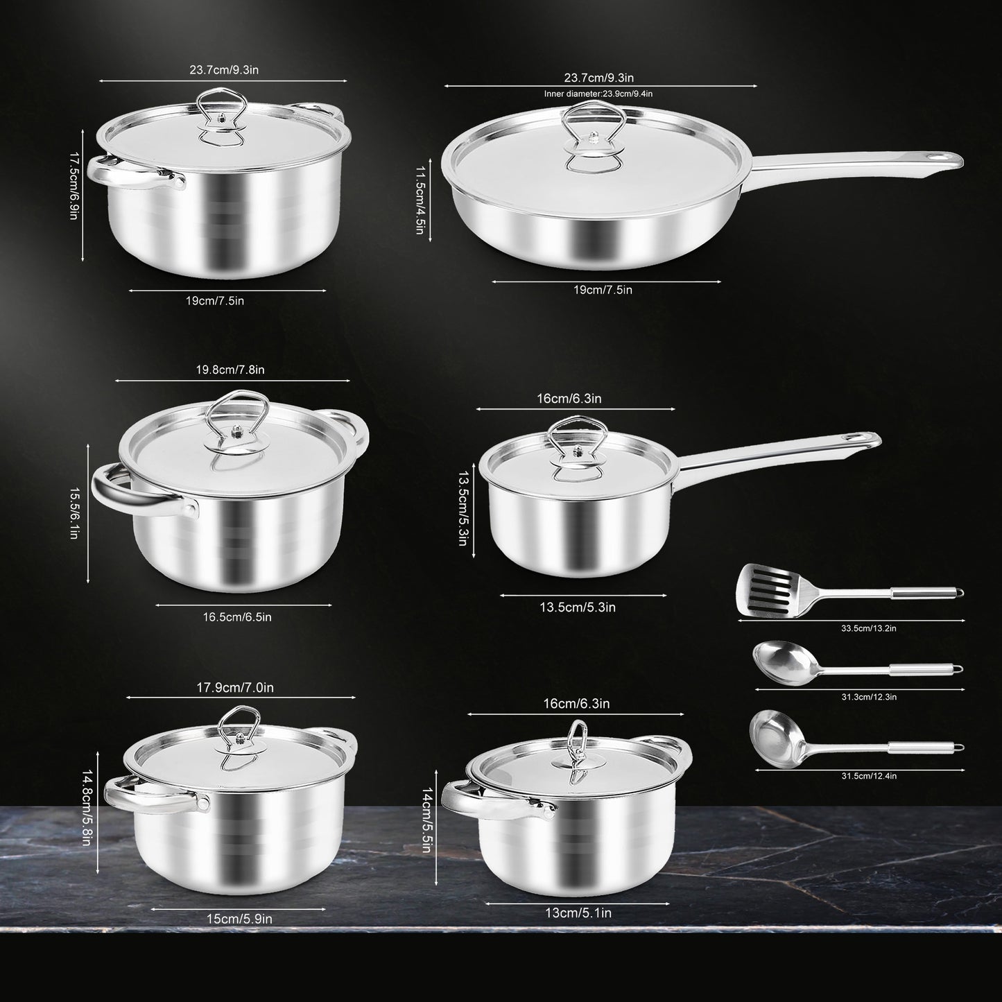 Kitchen Cookware Set Stainless Steel Pots Pans Set with Soup Pot Saute Pan Lids