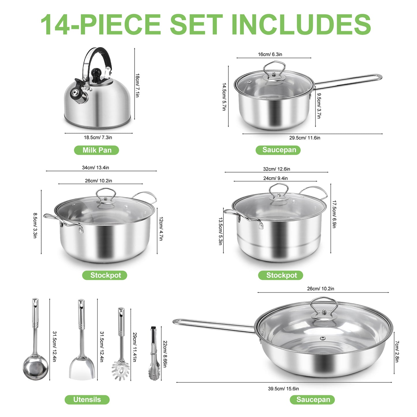 Stainless Steel Rustproof Stick Proof Thickened Pots Pans Set for Home Kitchen Restaurant