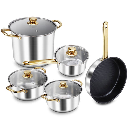 Stainless Steel Pots and Pans Set Ergonomic Golden Handle Multifunctional Cookware Set