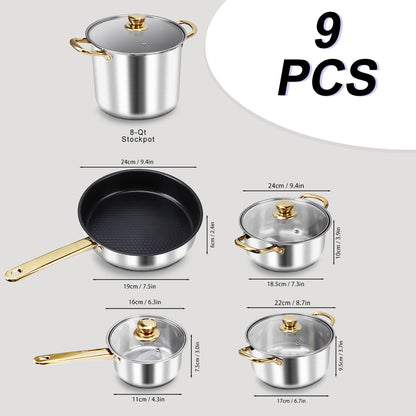 Stainless Steel Pots and Pans Set Ergonomic Golden Handle Multifunctional Cookware Set