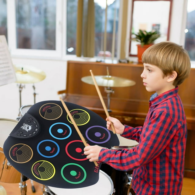 Electronic Drum Set for Kids 9-Pads Roll-Up Electric Drum Set Kit with Drumsticks Pedals, 8 Demo 10 Rhythums, Headphone Support, 3.5mm Audio Jack