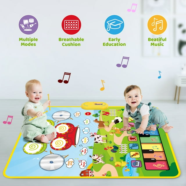 Baby Music Play Mat 35.4" x 27.5" with 8 Instrument Sounds, Piano Drum & 2 Sticks, Record Play Back - Educational Learning Toy for 1 2 3 Years Old - Toddlers Birthday Gift