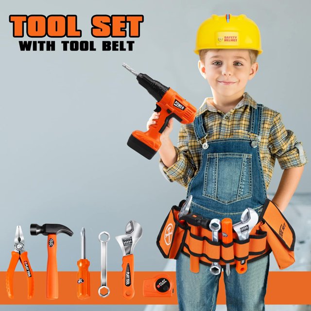 Crtynell Kids Tool Set with Kids Tool Belt & Electronic Toy Drill, Toddler Tool Set for Boys,Construction Tool Set for Kids Pretend Play Tools for Kids Learning Tool Kit for Kids 3 4 5 6 7 Years Old