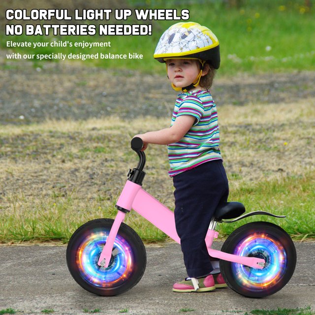 Kids 12inch Balance Bike Colorful Lighting up Wheels No Pedal Bikes for 2 3 4 5 Toddlers Boys Girls, Pink