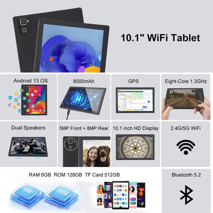 10.1 Inch Tablets for Kids, Android Tablet 128GB ROM 512GB Expand, 1920*1080 IPS Screen 8-Core Processor 5MP+8MP Dual Camera WiFi Bluetooth, Black