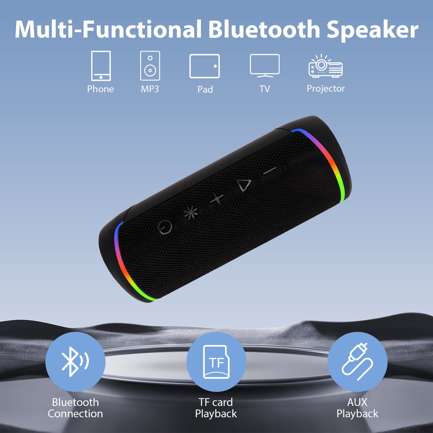 Portable Bluetooth Speaker, Wireless Speaker with RGB Lights, Bluetooth 5.3 TWS Waterproof Speaker for Gifts Outdoor Beach Camping Home Party, Black