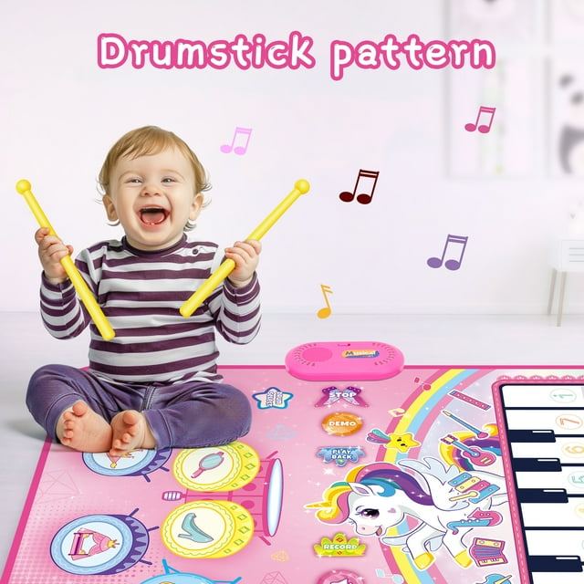 Baby Music Play Mat 35.4" x 27.5" with 8 Instrument Sounds, Piano Drum & 2 Sticks, Record Play Back - Educational Learning Toy for 1 2 3 Years Old - Toddlers Birthday Gift