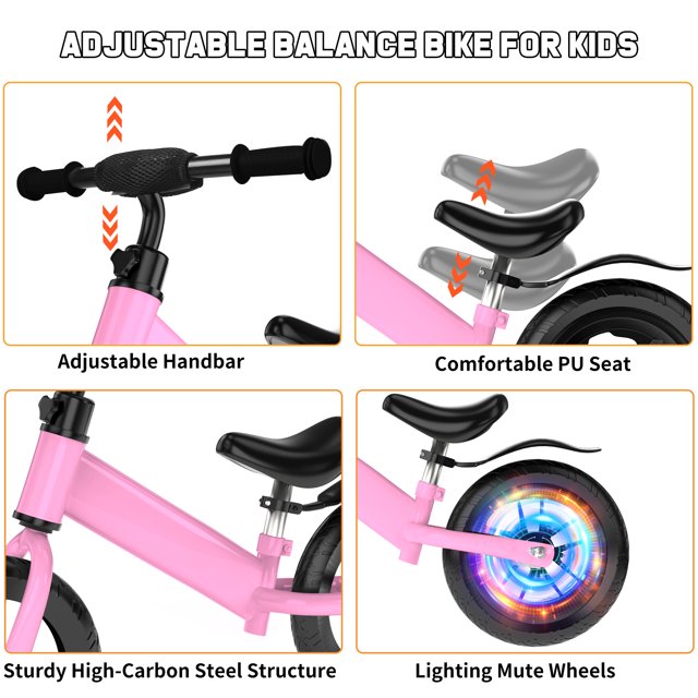 Kids 12inch Balance Bike Colorful Lighting up Wheels No Pedal Bikes for 2 3 4 5 Toddlers Boys Girls, Pink