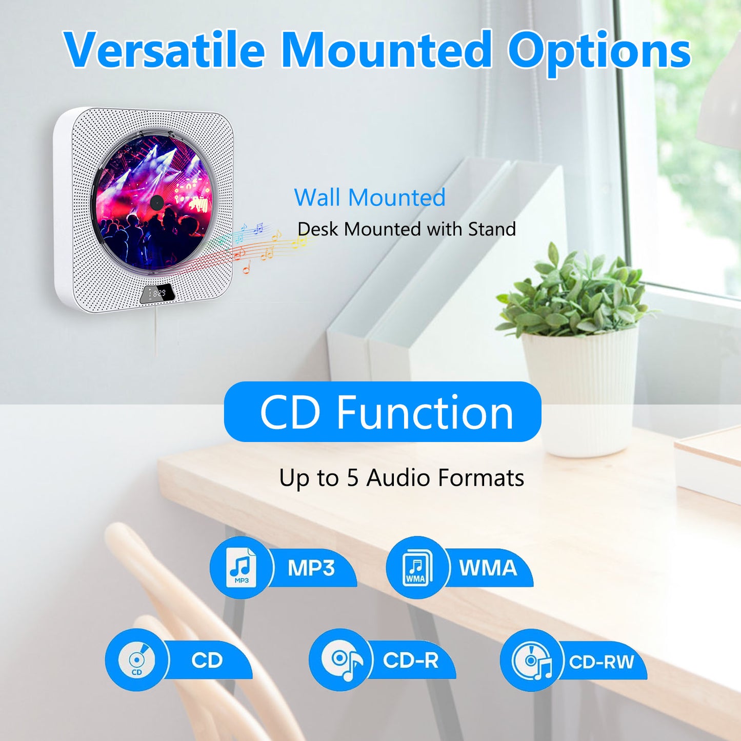 Portable CD Player with Bluetooth Speaker Wall Mountable CD Music Player with Remote Control, Home Audio Boombox with LCD Display, Dust Cover, MP3 Headphone Jack Aux/USB Input Output for Adults Kids