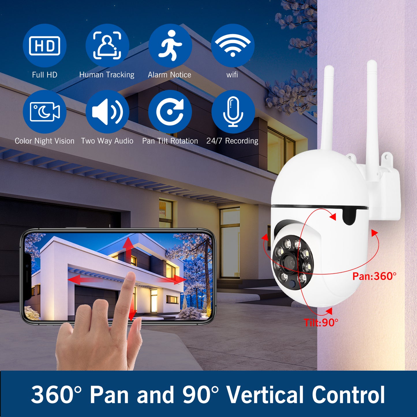 1080P Security Cameras Wireless WiFi Outdoor 360° View Camera with Motion Detection, Color Night Vision, 2-Way Audio, 2.4Ghz WiFi Camera Support SD/Cloud Storage for Home Indoor Surveillance