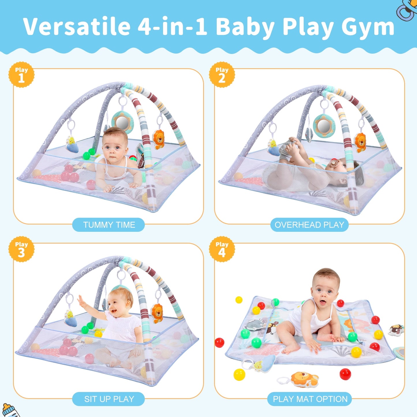 Baby Gym Mat 3 in 1 Tummy Time Baby Activity Gym with 5 Sensory Toys, Ocean Balls, Floor Crawling Mat for Newborn Toddlers