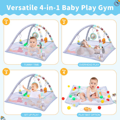 Baby Gym Mat 3 in 1 Tummy Time Baby Activity Gym with 5 Sensory Toys, Ocean Balls, Floor Crawling Mat for Newborn Toddlers